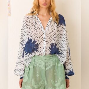 ⚡️Exceptional Alix of Bohemia Poet Indigo Dahlia Hand Printed Blouse - Med EUC